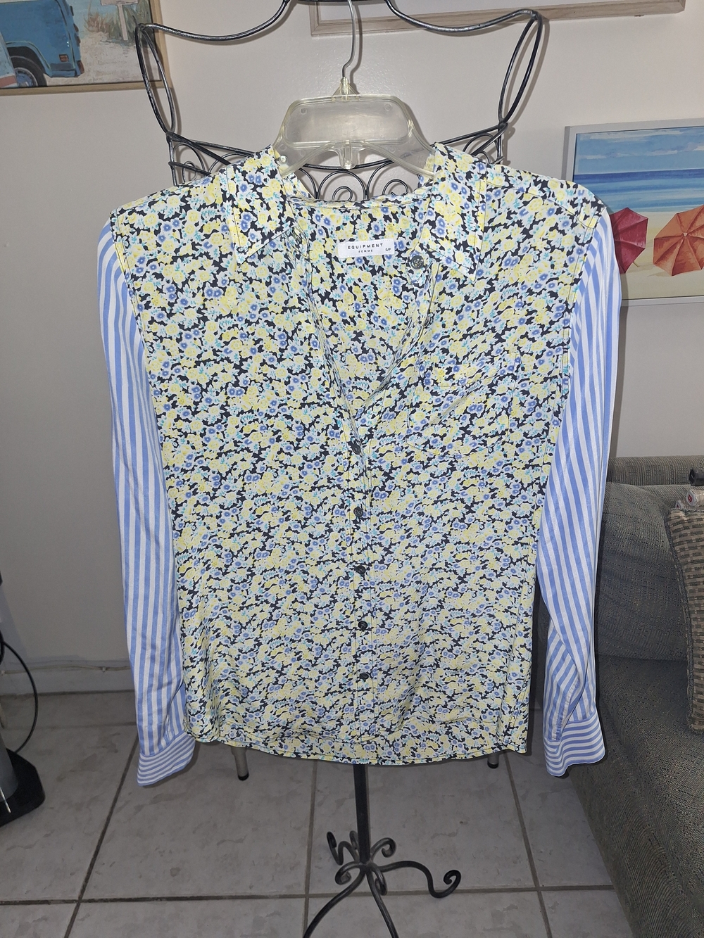 Equipment Yellow Floral Button-Down with Blue Striped Sleeves